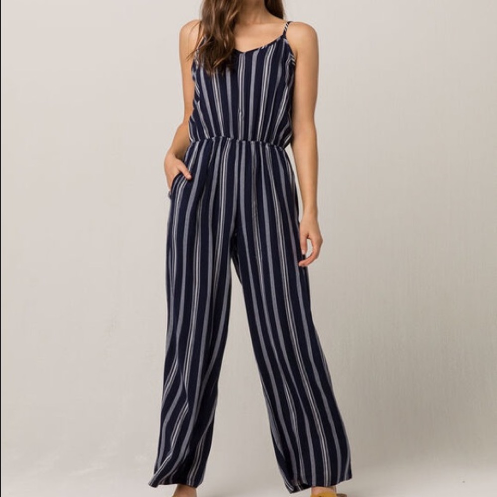 Navy Striped Midi Jumpsuit with Pockets!
